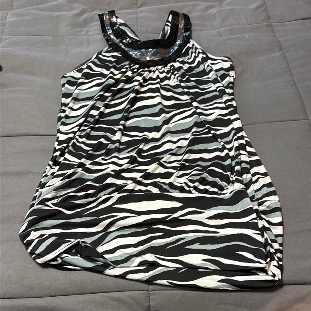 Kiwi Zebra Print Tank Top with Black Sequin Detail